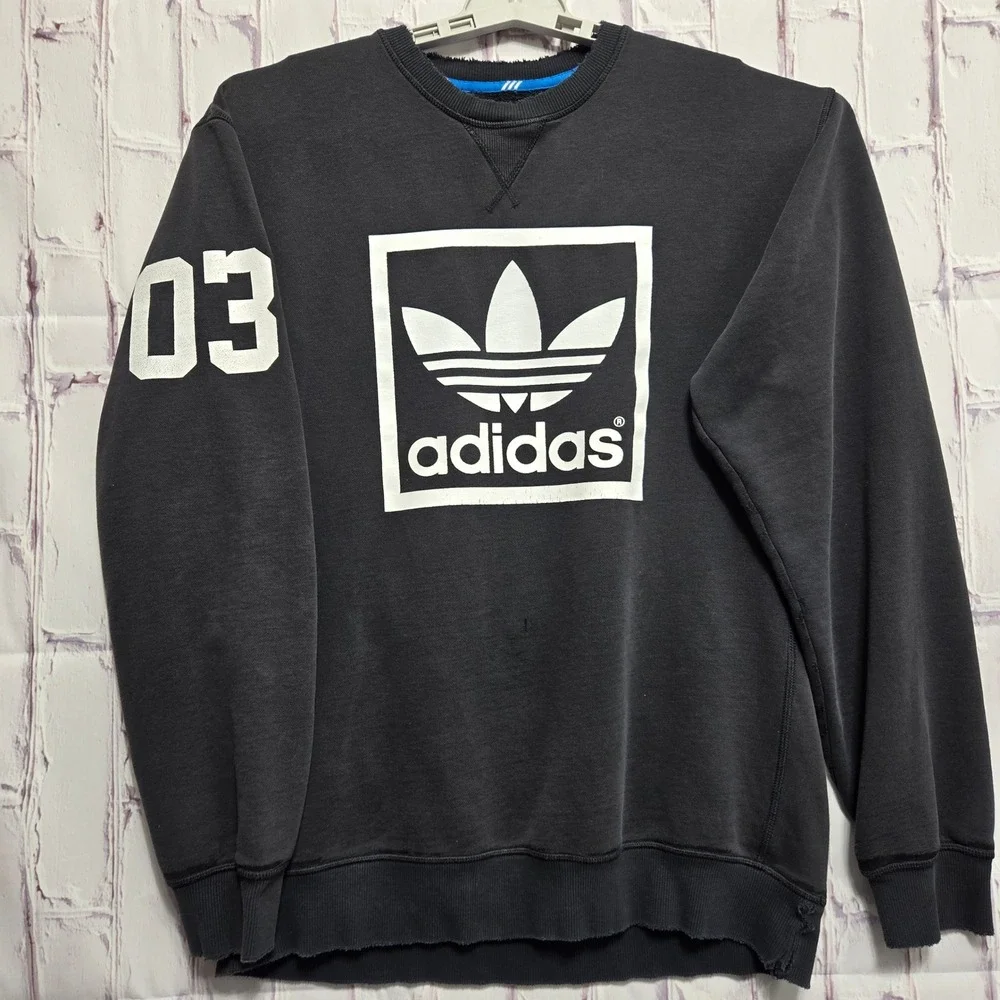 Y2K Adidas Originals Trefoil Logo Sweatshirt Black Distressed Graphic Mens‎ Sz M
